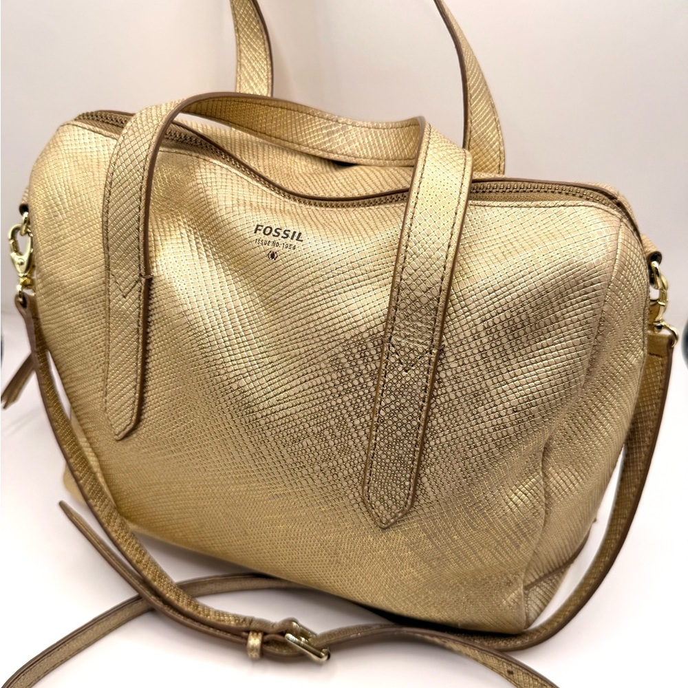 Fossil Gold Leather Satchel Crossbody Bag